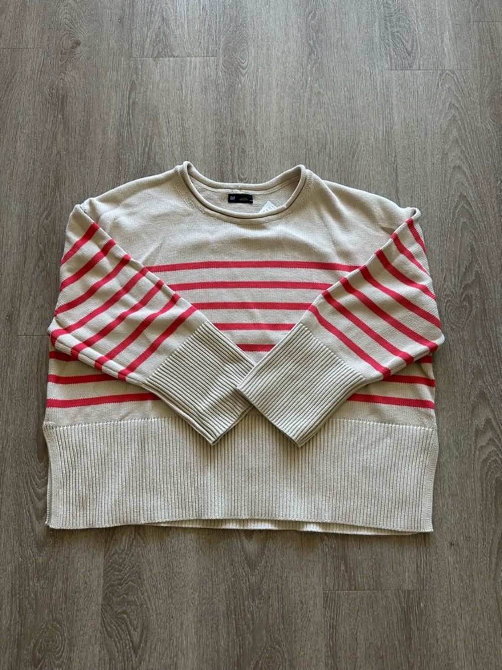 Gap 100% Cotton 24/7 Split-Hem Roll Neck Sweater in Cream & Coral Size XL - Picture 4 of 12